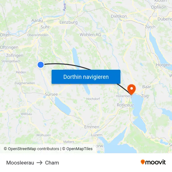 Moosleerau to Cham map
