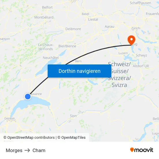 Morges to Cham map