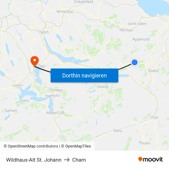 Wildhaus-Alt St. Johann to Cham map