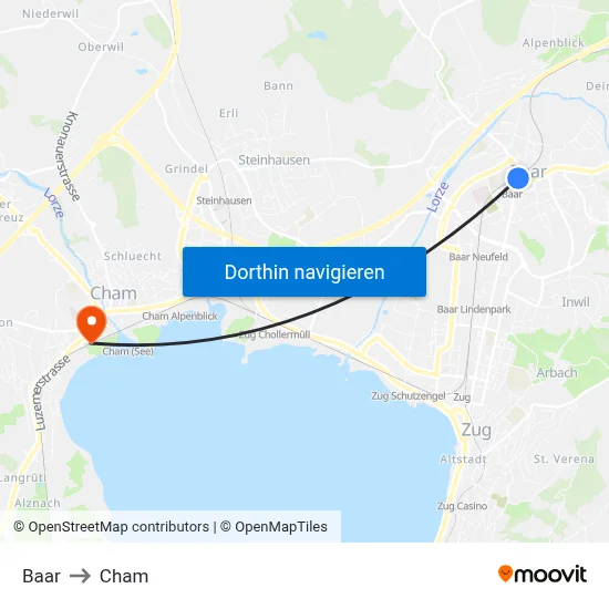 Baar to Cham map