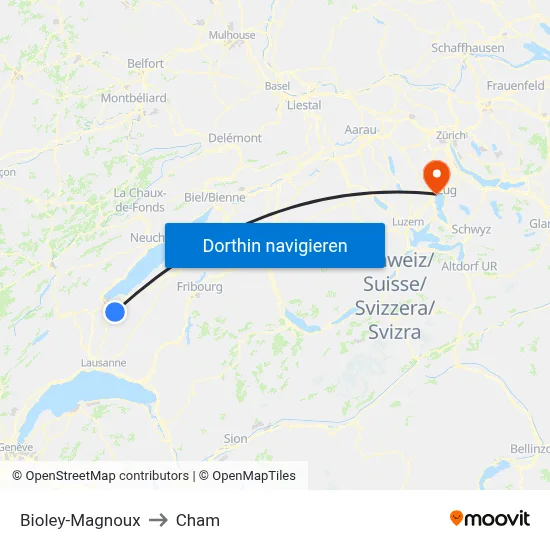 Bioley-Magnoux to Cham map