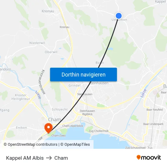 Kappel AM Albis to Cham map