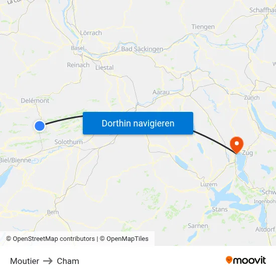 Moutier to Cham map