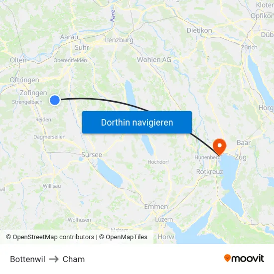 Bottenwil to Cham map