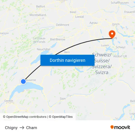 Chigny to Cham map
