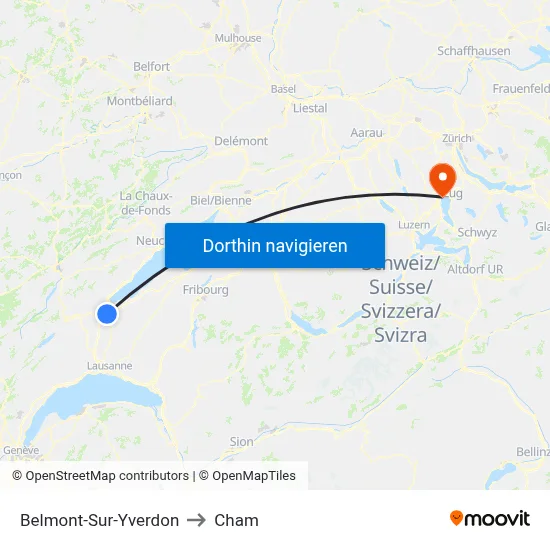 Belmont-Sur-Yverdon to Cham map