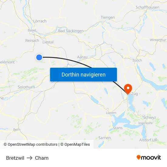 Bretzwil to Cham map