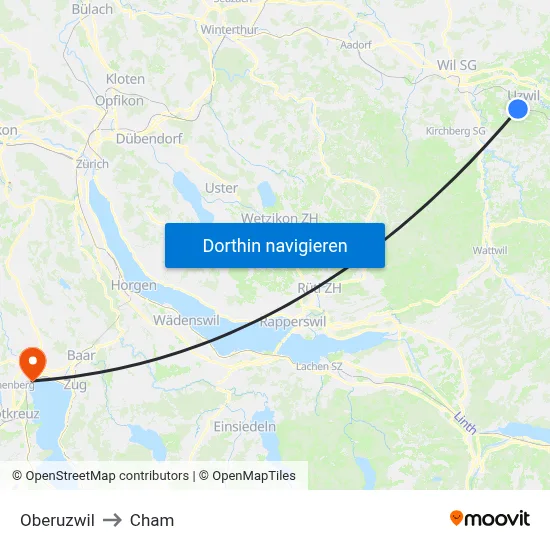 Oberuzwil to Cham map