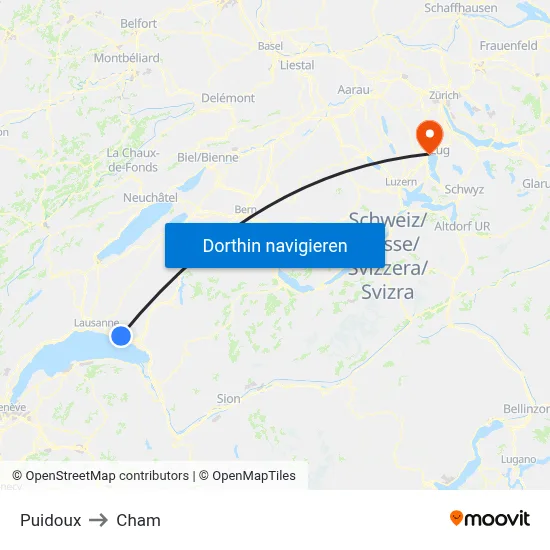 Puidoux to Cham map