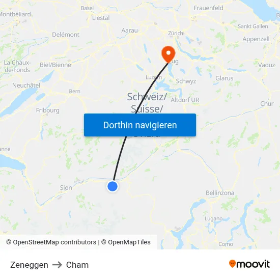 Zeneggen to Cham map