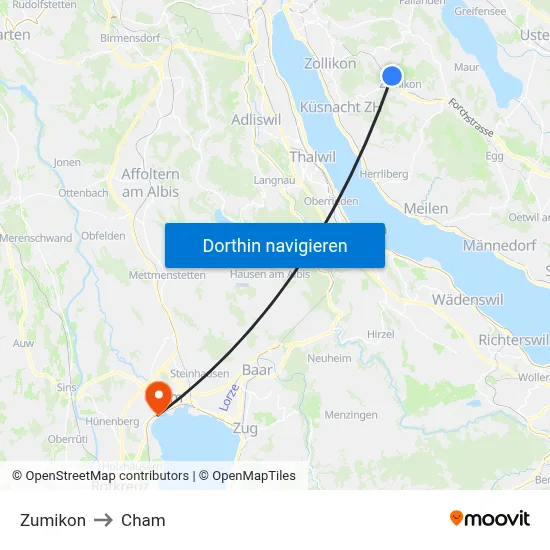Zumikon to Cham map