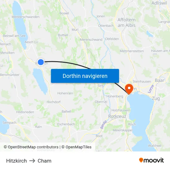 Hitzkirch to Cham map