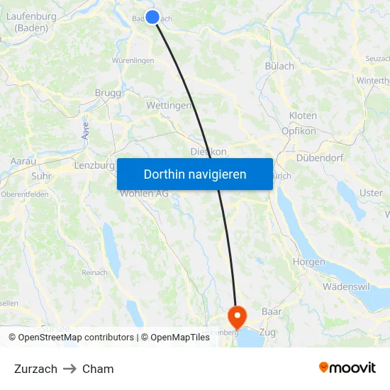 Zurzach to Cham map