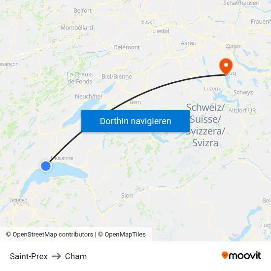 Saint-Prex to Cham map