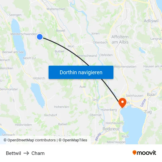 Bettwil to Cham map