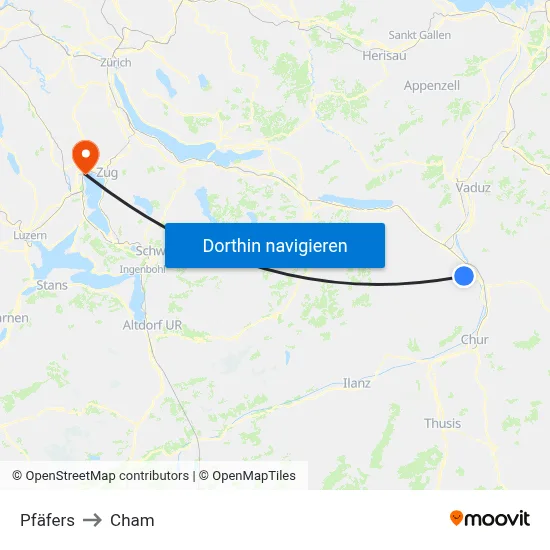 Pfäfers to Cham map