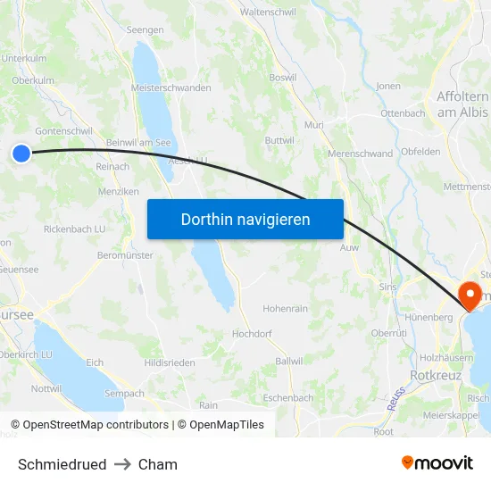 Schmiedrued to Cham map