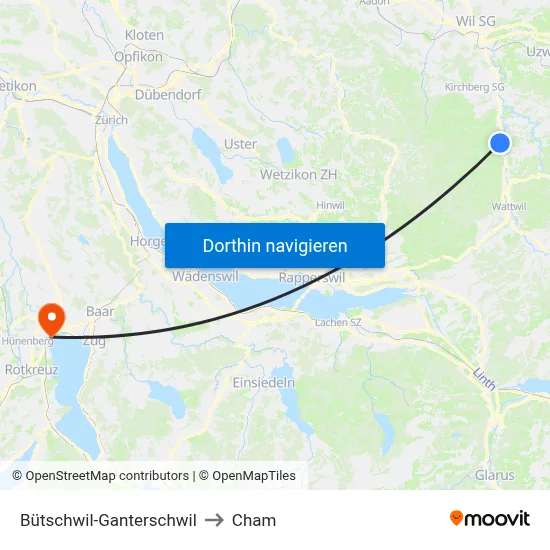 Bütschwil-Ganterschwil to Cham map