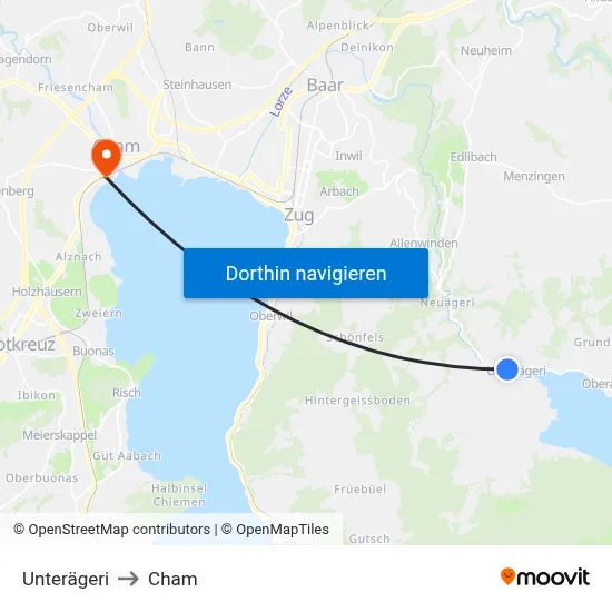 Unterägeri to Cham map
