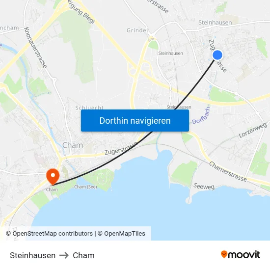 Steinhausen to Cham map
