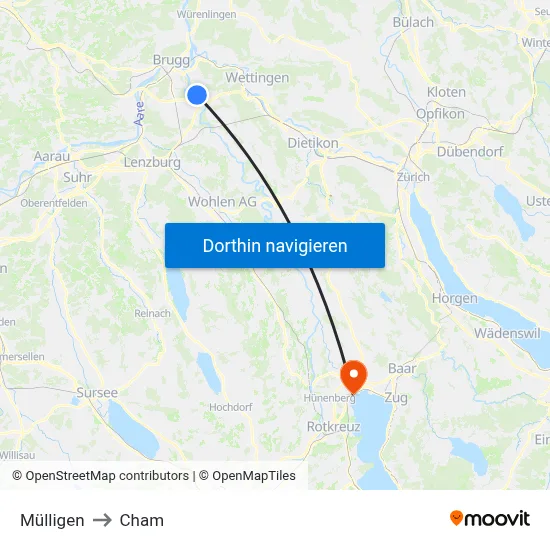 Mülligen to Cham map