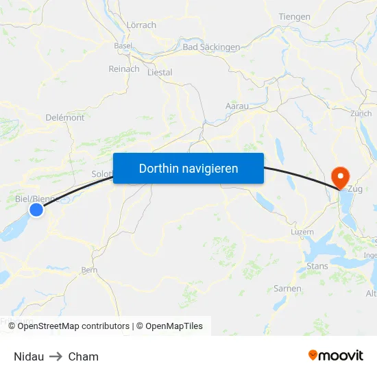 Nidau to Cham map