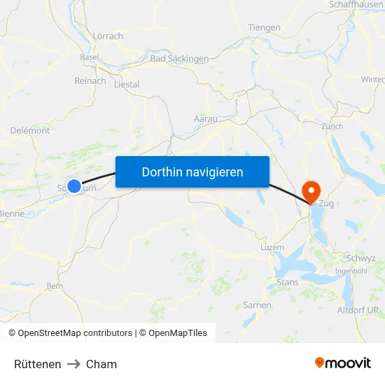 Rüttenen to Cham map