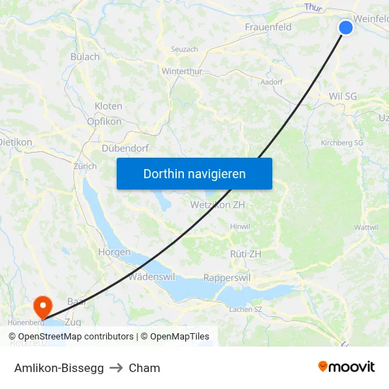 Amlikon-Bissegg to Cham map