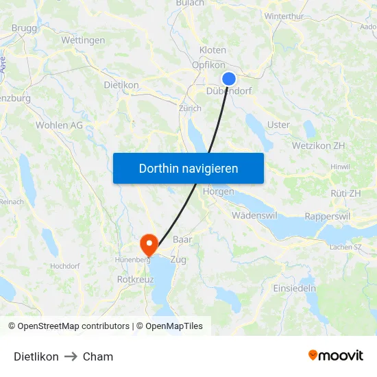 Dietlikon to Cham map