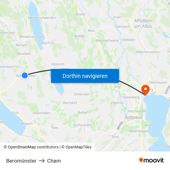 Beromünster to Cham map