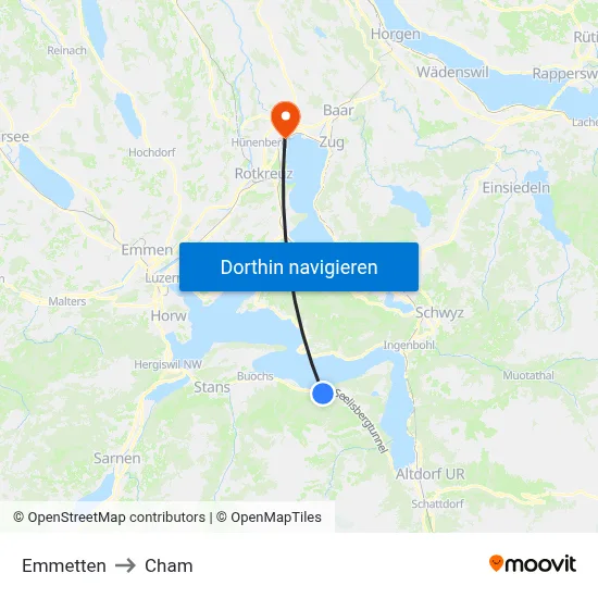 Emmetten to Cham map