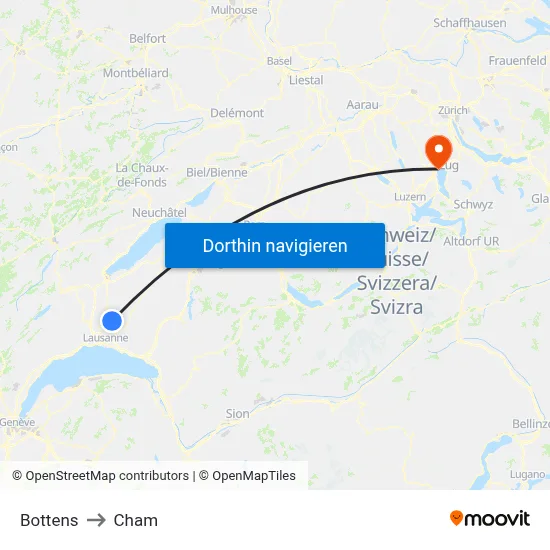 Bottens to Cham map
