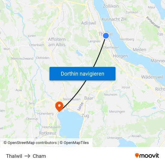 Thalwil to Cham map