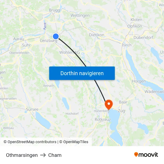 Othmarsingen to Cham map