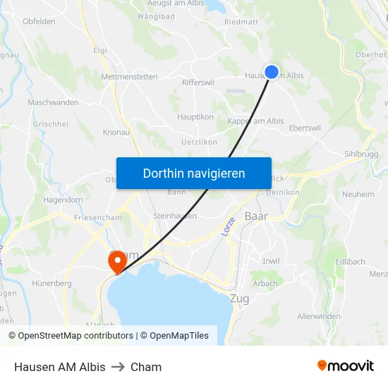 Hausen AM Albis to Cham map