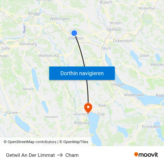 Oetwil An Der Limmat to Cham map
