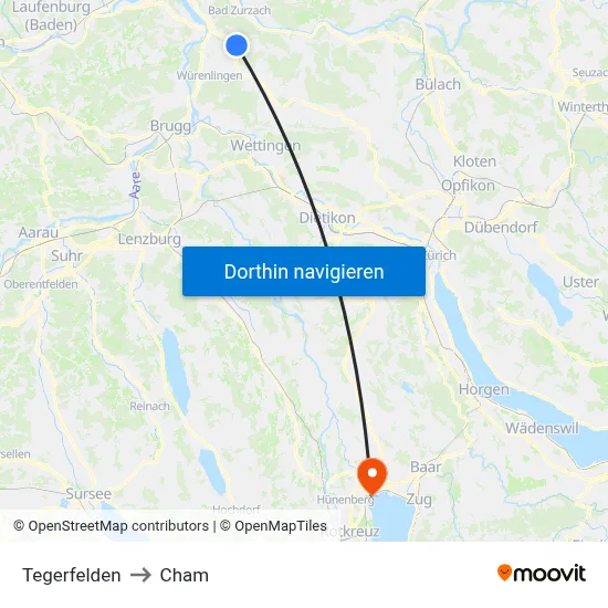 Tegerfelden to Cham map