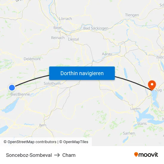 Sonceboz-Sombeval to Cham map