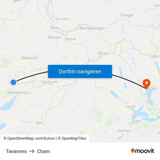 Tavannes to Cham map