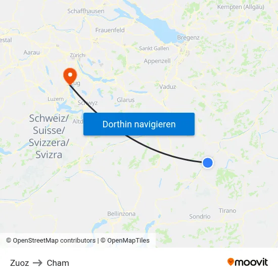 Zuoz to Cham map