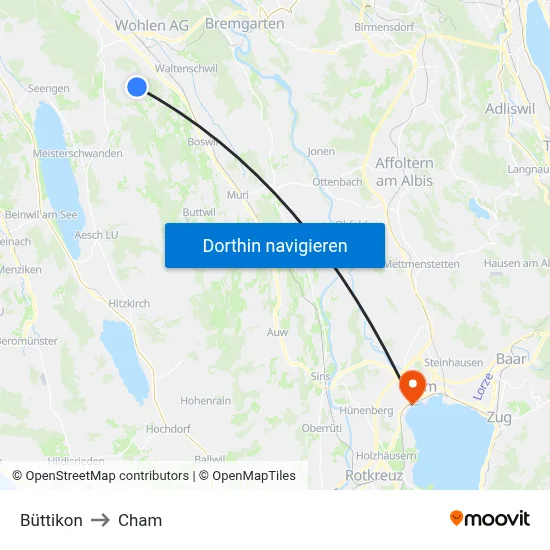 Büttikon to Cham map