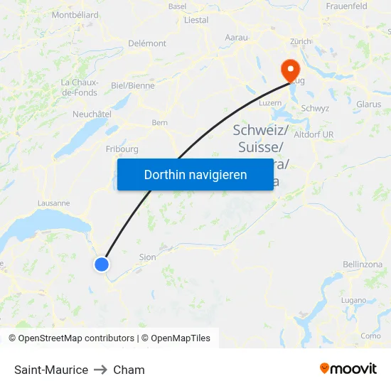 Saint-Maurice to Cham map