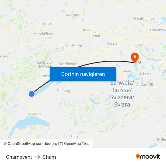 Champvent to Cham map