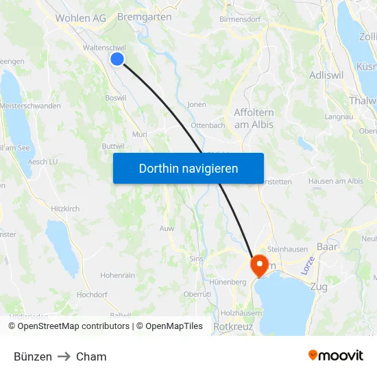 Bünzen to Cham map