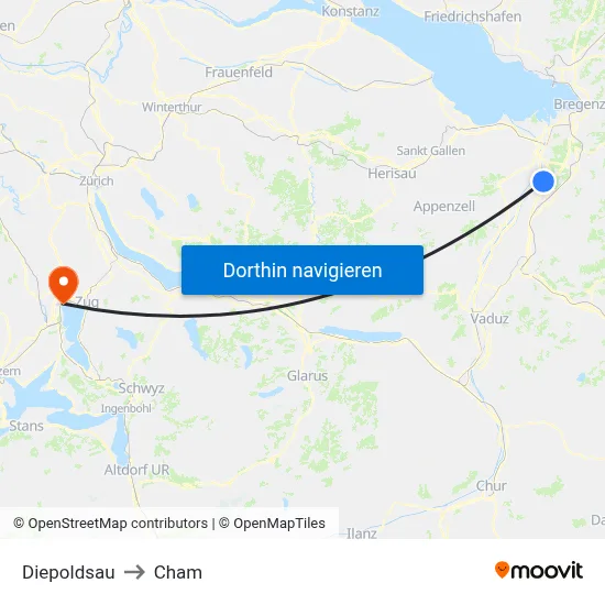 Diepoldsau to Cham map