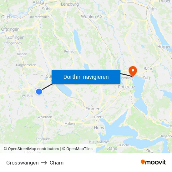 Grosswangen to Cham map