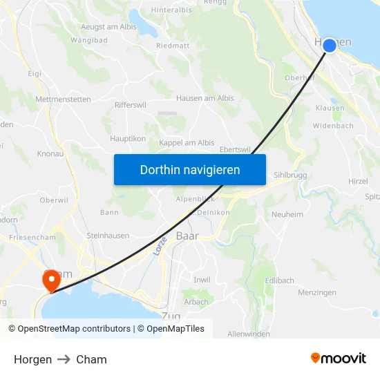 Horgen to Cham map