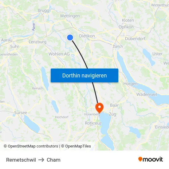 Remetschwil to Cham map