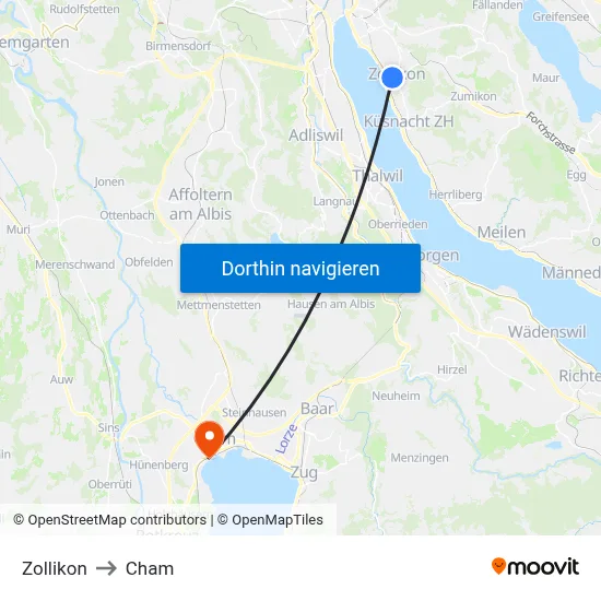 Zollikon to Cham map