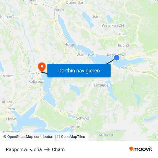 Rapperswil-Jona to Cham map
